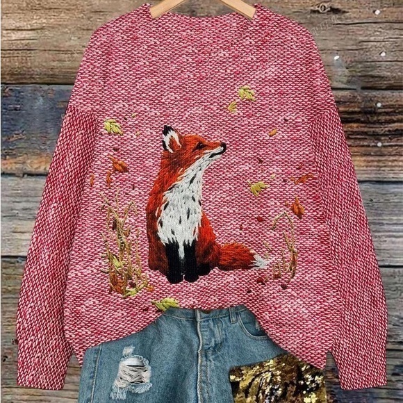 Sweaters - Fox Pattern Loose Pullover Sweater With Faux Embroidery Design